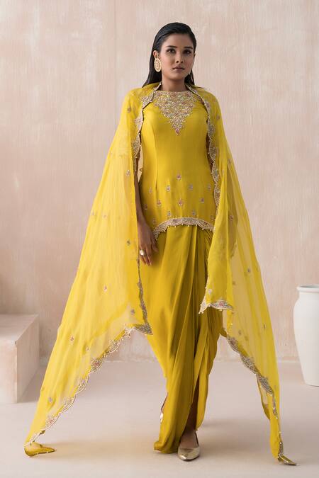 Saisha Yellow Organza, Satin, Silk Dabka Embroidered Asymmetric Kurta Dhoti Skirt Set Online at Aza Fashions Saisha_Yellow Organza, Satin, Silk Dabka Embroidered Asymmetric Kurta Dhoti Skirt Set _Online_at_Aza_Fashions