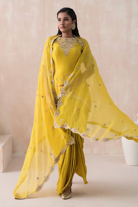 Buy Saisha Yellow Organza, Satin, Silk Dabka Embroidered Asymmetric Kurta Dhoti Skirt Set Online at Aza Fashions Buy_Saisha_Yellow Organza, Satin, Silk Dabka Embroidered Asymmetric Kurta Dhoti Skirt Set _Online_at_Aza_Fashions