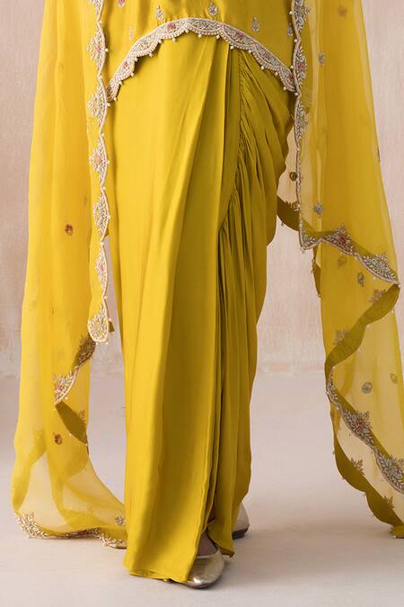 Shop Saisha Yellow Organza, Satin, Silk Dabka Embroidered Asymmetric Kurta Dhoti Skirt Set Online at Aza Fashions Shop_Saisha_Yellow Organza, Satin, Silk Dabka Embroidered Asymmetric Kurta Dhoti Skirt Set _Online_at_Aza_Fashions