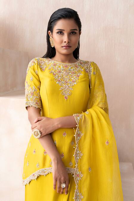 Saisha Yellow Organza, Satin, Silk Dabka Embroidered Asymmetric Kurta Dhoti Skirt Set at Aza Fashions Saisha_Yellow Organza, Satin, Silk Dabka Embroidered Asymmetric Kurta Dhoti Skirt Set _at_Aza_Fashions