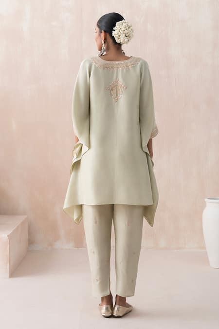 Shop Saisha Green Silk Gota Patti, Sequins V-neck Embroidered Kaftan With Tulip Pant at Aza Fashions Shop_Saisha_Green Silk Gota Patti, Sequins V-neck Embroidered Kaftan With Tulip Pant _at_Aza_Fashions