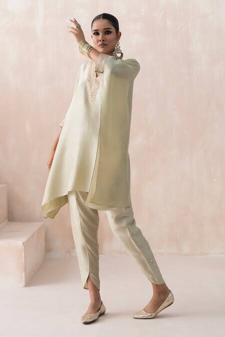 Saisha Green Silk Gota Patti, Sequins V-neck Embroidered Kaftan With Tulip Pant Online at Aza Fashions Saisha_Green Silk Gota Patti, Sequins V-neck Embroidered Kaftan With Tulip Pant _Online_at_Aza_Fashions