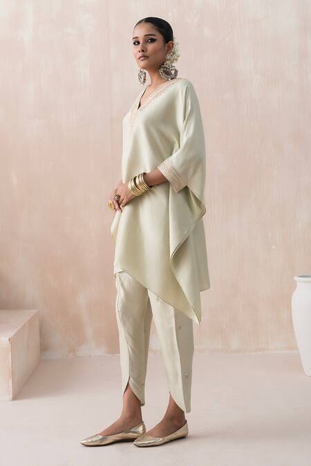 Shop Saisha Green Silk Gota Patti, Sequins V-neck Embroidered Kaftan With Tulip Pant Online at Aza Fashions Shop_Saisha_Green Silk Gota Patti, Sequins V-neck Embroidered Kaftan With Tulip Pant _Online_at_Aza_Fashions