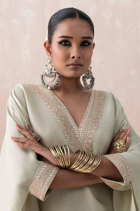 Saisha Green Silk Gota Patti, Sequins V-neck Embroidered Kaftan With Tulip Pant at Aza Fashions Saisha_Green Silk Gota Patti, Sequins V-neck Embroidered Kaftan With Tulip Pant _at_Aza_Fashions