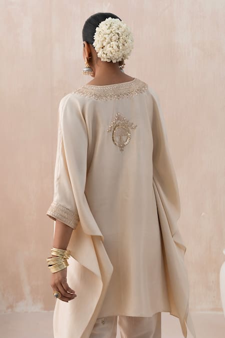 Shop Saisha Ivory Chinese Silk Embellished Gota Floral Embroidered Kaftan With Tulip Pant at Aza Fashions Shop_Saisha_Ivory Chinese Silk Embellished Gota Floral Embroidered Kaftan With Tulip Pant _at_Aza_Fashions