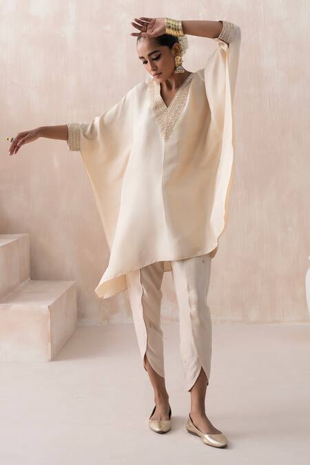 Buy Saisha Ivory Chinese Silk Embellished Gota Floral Embroidered Kaftan With Tulip Pant Online at Aza Fashions Buy_Saisha_Ivory Chinese Silk Embellished Gota Floral Embroidered Kaftan With Tulip Pant _Online_at_Aza_Fashions