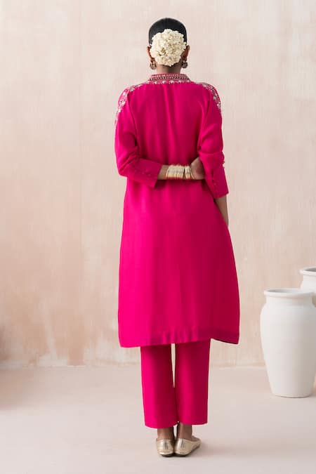 Shop_Saisha_Pink Chinese Silk Embellished Bead V-neck Sequin Kaftan With Pant _at_Aza_Fashions
