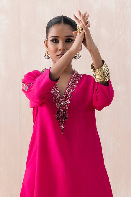 Shop_Saisha_Pink Chinese Silk Embellished Bead V-neck Sequin Kaftan With Pant _Online_at_Aza_Fashions