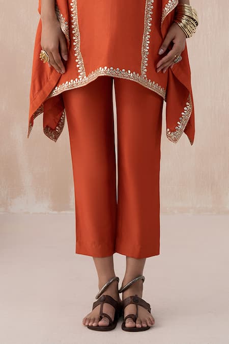 Saisha Orange Silk Gota Patti, Sequins Split V-neck Embroidered Kaftan With Pant Online at Aza Fashions Saisha_Orange Silk Gota Patti, Sequins Split V-neck Embroidered Kaftan With Pant _Online_at_Aza_Fashions
