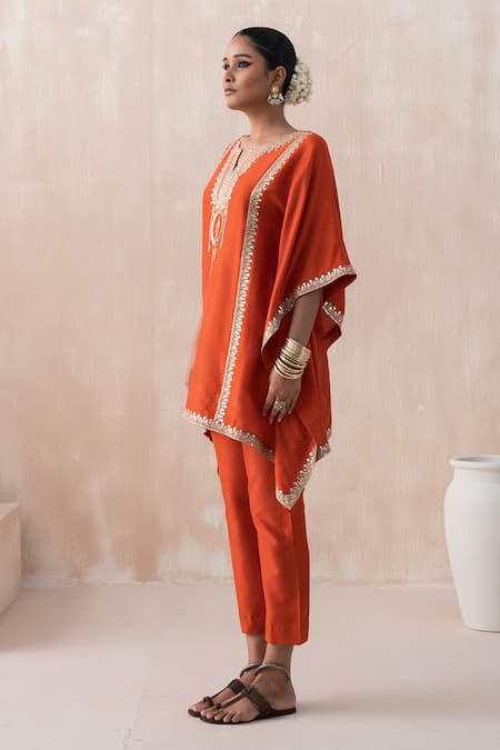 Shop Saisha Orange Silk Gota Patti, Sequins Split V-neck Embroidered Kaftan With Pant Online at Aza Fashions Shop_Saisha_Orange Silk Gota Patti, Sequins Split V-neck Embroidered Kaftan With Pant _Online_at_Aza_Fashions