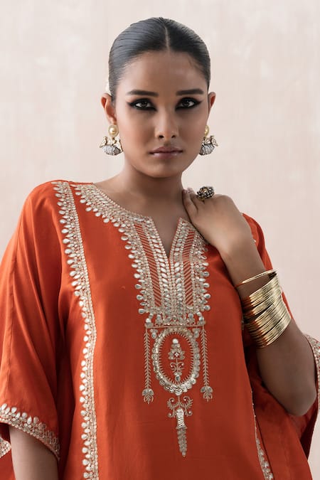Saisha Orange Silk Gota Patti, Sequins Split V-neck Embroidered Kaftan With Pant at Aza Fashions Saisha_Orange Silk Gota Patti, Sequins Split V-neck Embroidered Kaftan With Pant _at_Aza_Fashions