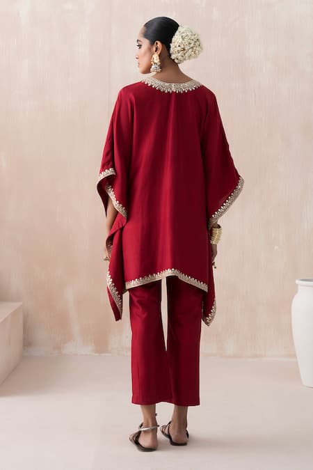 Shop_Saisha_Maroon Silk Gota Patti, Sequins Split V-neck Vine Embroidered Kaftan With Pant _at_Aza_Fashions