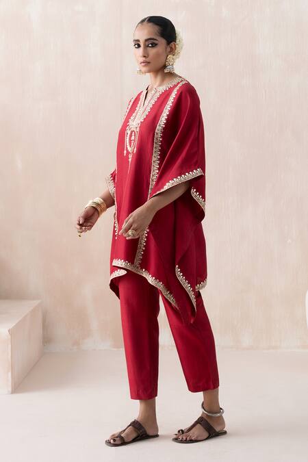 Buy_Saisha_Maroon Silk Gota Patti, Sequins Split V-neck Vine Embroidered Kaftan With Pant _Online_at_Aza_Fashions