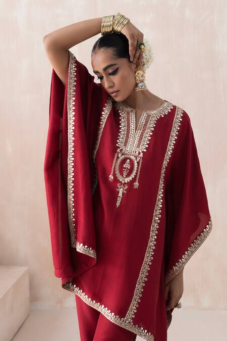 Shop_Saisha_Maroon Silk Gota Patti, Sequins Split V-neck Vine Embroidered Kaftan With Pant _Online_at_Aza_Fashions