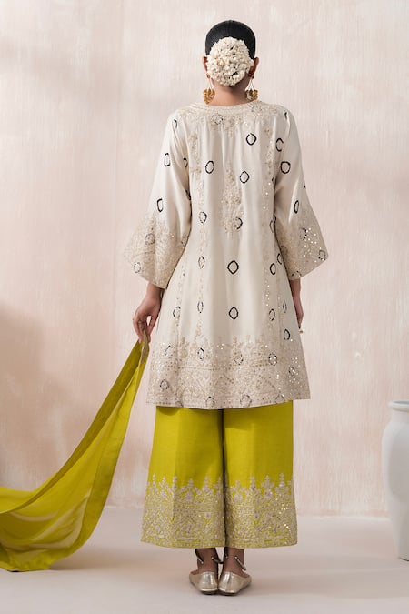 Shop Saisha Beige Silk, Organza Sequins, Embroidery Collared Tye-dye Kurta Palazzo Set at Aza Fashions Shop_Saisha_Beige Silk, Organza Sequins, Embroidery Collared Tye-dye Kurta Palazzo Set _at_Aza_Fashions