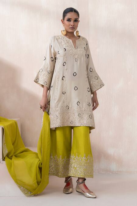 Buy Saisha Beige Silk, Organza Sequins, Embroidery Collared Tye-dye Kurta Palazzo Set Online at Aza Fashions Buy_Saisha_Beige Silk, Organza Sequins, Embroidery Collared Tye-dye Kurta Palazzo Set _Online_at_Aza_Fashions