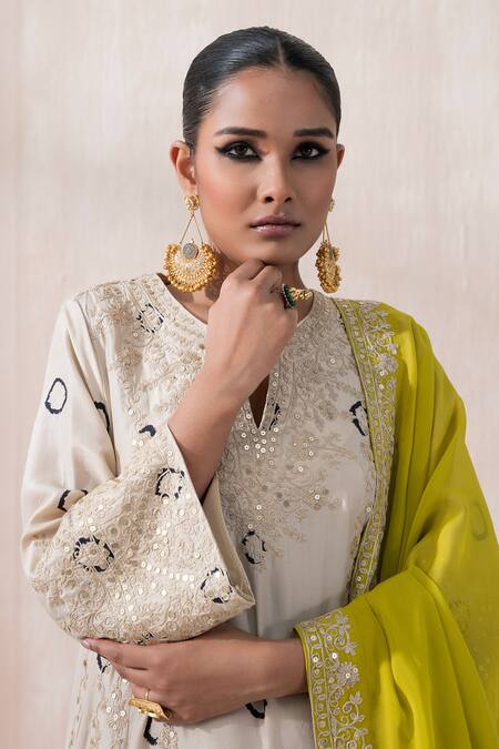 Shop Saisha Beige Silk, Organza Sequins, Embroidery Collared Tye-dye Kurta Palazzo Set Online at Aza Fashions Shop_Saisha_Beige Silk, Organza Sequins, Embroidery Collared Tye-dye Kurta Palazzo Set _Online_at_Aza_Fashions
