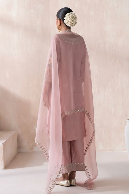 Shop Saisha Purple Organza, Chanderi Embroidery, Mirrors Boat Neck Floral Kurta Pant Set at Aza Fashions Shop_Saisha_Purple Organza, Chanderi Embroidery, Mirrors Boat Neck Floral Kurta Pant Set _at_Aza_Fashions