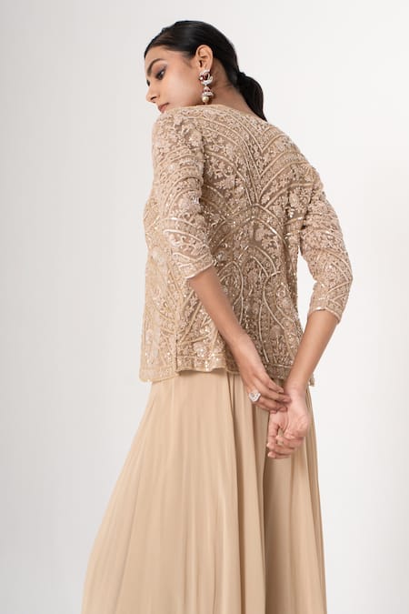 Shop_Saisha_Beige Net, Georgette Embroidery, Sequins, Diamonds Open Dori Jacket Sharara Set _at_Aza_Fashions