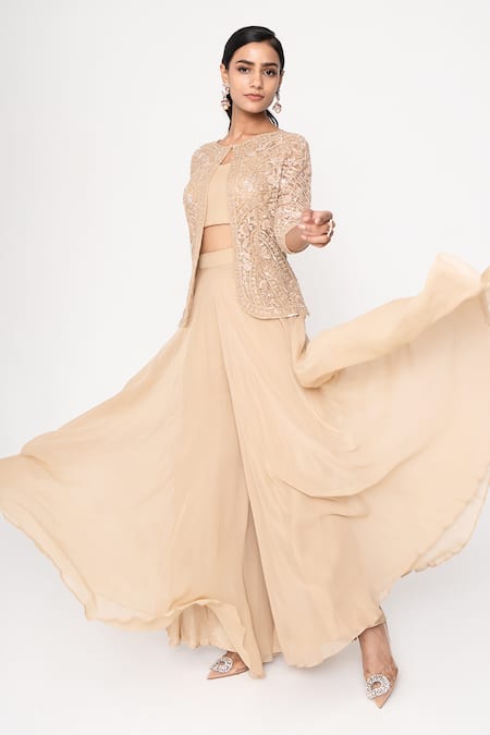 Saisha_Beige Net, Georgette Embroidery, Sequins, Diamonds Open Dori Jacket Sharara Set _Online_at_Aza_Fashions
