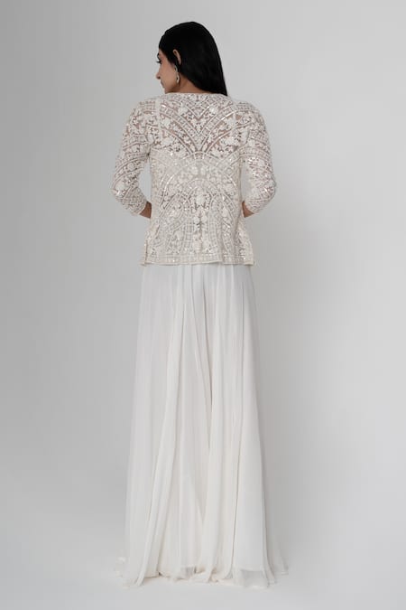 Shop Saisha Off White Net, Georgette Sequins, Embroidery Round Floral Jacket Sharara Set at Aza Fashions Shop_Saisha_Off White Net, Georgette Sequins, Embroidery Round Floral Jacket Sharara Set _at_Aza_Fashions