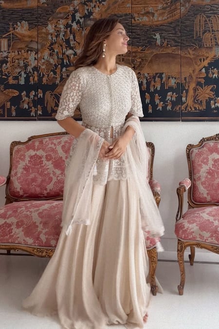 SAISHA Ivory Net Embroidery Thread Round Peplum Kurta Sharara Set 