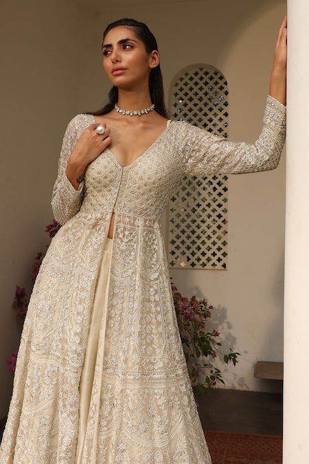 Saisha_Ivory Net Sequins, Cut Work V-neck Floral Embroidered Anarkali Sharara Set _Online_at_Aza_Fashions