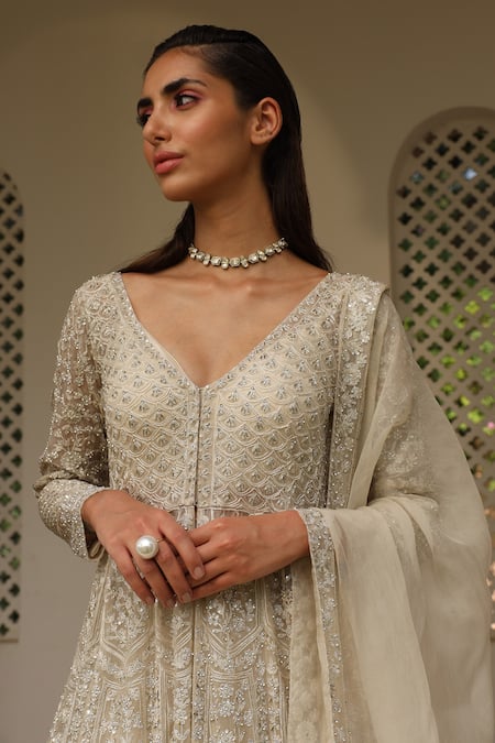 Shop_Saisha_Ivory Net Sequins, Cut Work V-neck Floral Embroidered Anarkali Sharara Set _Online_at_Aza_Fashions