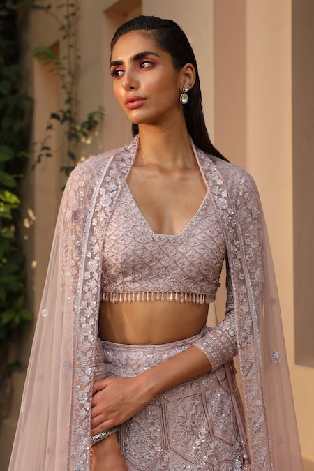 Saisha Purple Net Crystals, Sequins, Cut Work, Beads V-neck Embroidered Lehenga Set Online at Aza Fashions Saisha_Purple Net Crystals, Sequins, Cut Work, Beads V-neck Embroidered Lehenga Set _Online_at_Aza_Fashions