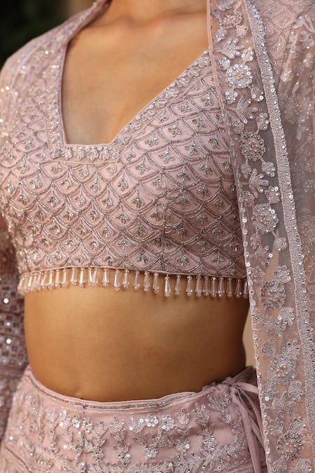 Buy Saisha Purple Net Crystals, Sequins, Cut Work, Beads V-neck Embroidered Lehenga Set Online at Aza Fashions Buy_Saisha_Purple Net Crystals, Sequins, Cut Work, Beads V-neck Embroidered Lehenga Set _Online_at_Aza_Fashions