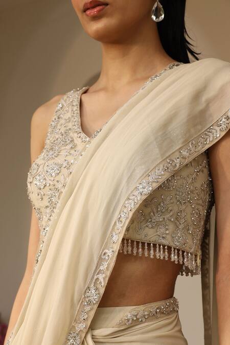 Buy Saisha Ivory Net, Georgette Embroidery, Crystals Border Draped Pant Saree With Blouse Online at Aza Fashions Buy_Saisha_Ivory Net, Georgette Embroidery, Crystals Border Draped Pant Saree With Blouse _Online_at_Aza_Fashions