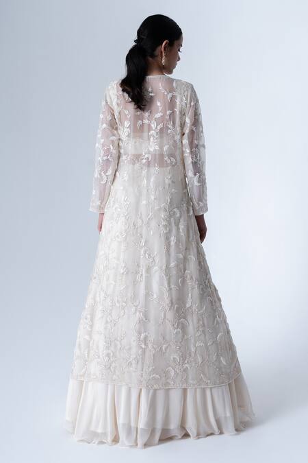 Shop Saisha Ivory Organza, Silk, Georgette Beads, Diamonds Open Embroidered Jacket Skirt Set at Aza Fashions Shop_Saisha_Ivory Organza, Silk, Georgette Beads, Diamonds Open Embroidered Jacket Skirt Set _at_Aza_Fashions