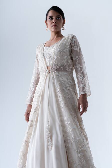 Saisha Ivory Organza, Silk, Georgette Beads, Diamonds Open Embroidered Jacket Skirt Set Online at Aza Fashions Saisha_Ivory Organza, Silk, Georgette Beads, Diamonds Open Embroidered Jacket Skirt Set _Online_at_Aza_Fashions