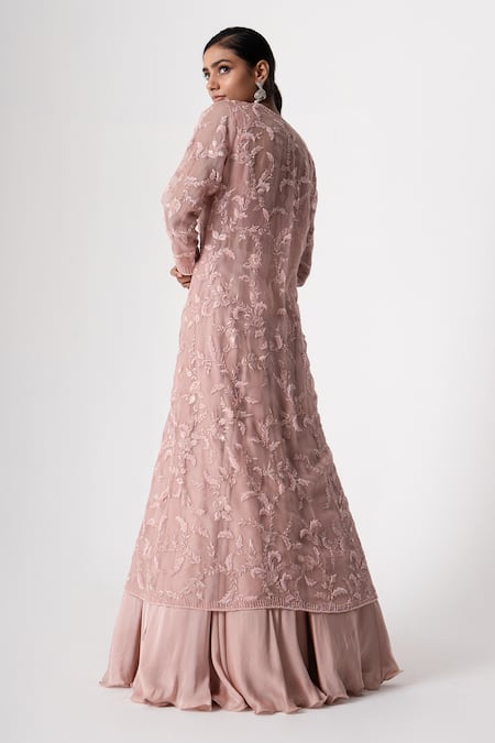 Shop Saisha Purple Organza, Silk, Georgette Sequins, Floral Embroidered Jacket Skirt Set at Aza Fashions Shop_Saisha_Purple Organza, Silk, Georgette Sequins, Floral Embroidered Jacket Skirt Set _at_Aza_Fashions