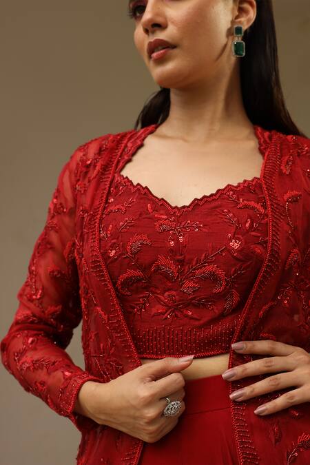 Buy Saisha Maroon Georgette, Silk, Organza Beads, Flower Embroidered Jacket Skirt Set Online at Aza Fashions Buy_Saisha_Maroon Georgette, Silk, Organza Beads, Flower Embroidered Jacket Skirt Set _Online_at_Aza_Fashions