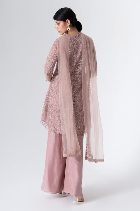Shop Saisha Purple Net, Silk Beads, Embroidery Embellished Kurta Bell Bottom Trouser Set at Aza Fashions Shop_Saisha_Purple Net, Silk Beads, Embroidery Embellished Kurta Bell Bottom Trouser Set _at_Aza_Fashions