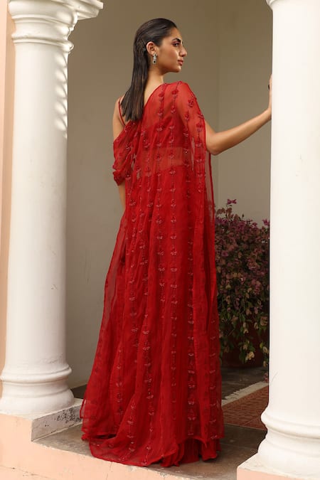 Shop Saisha Maroon Organza, Georgette, Silk Embroidery Zardozi Cape Sharara Set at Aza Fashions Shop_Saisha_Maroon Organza, Georgette, Silk Embroidery Zardozi Cape Sharara Set _at_Aza_Fashions