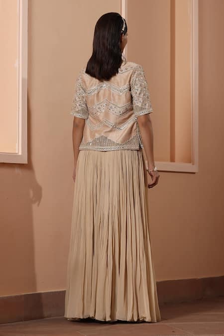 Shop Saisha Ivory Silk, Georgette Beads, Embroidery Open Neck Chevron Cape Skirt Set at Aza Fashions Shop_Saisha_Ivory Silk, Georgette Beads, Embroidery Open Neck Chevron Cape Skirt Set _at_Aza_Fashions