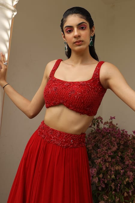 Buy Saisha Maroon Organza, Net, Georgette Beads, Cut Floral Embroidered Pleated Lehenga Set Online at Aza Fashions Buy_Saisha_Maroon Organza, Net, Georgette Beads, Cut Floral Embroidered Pleated Lehenga Set _Online_at_Aza_Fashions