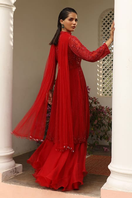 Shop Saisha Maroon Net, Georgette Cut Work, Sequins, Floral Short Anarkali Sharara Set at Aza Fashions Shop_Saisha_Maroon Net, Georgette Cut Work, Sequins, Floral Short Anarkali Sharara Set _at_Aza_Fashions