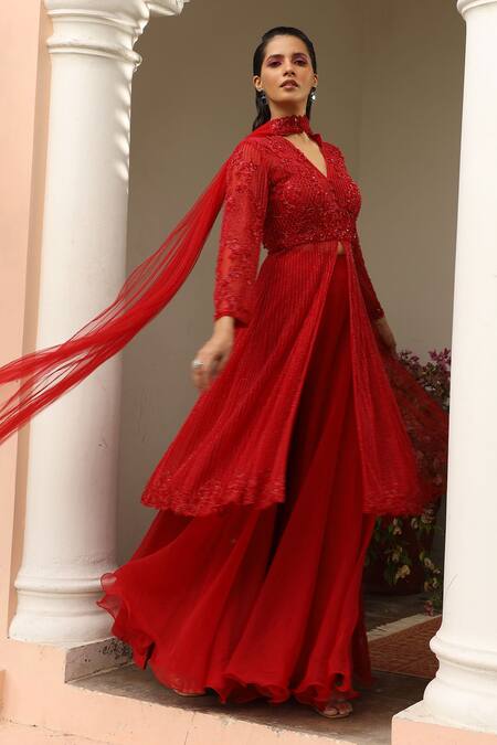 Saisha Maroon Net, Georgette Cut Work, Sequins, Floral Short Anarkali Sharara Set Online at Aza Fashions Saisha_Maroon Net, Georgette Cut Work, Sequins, Floral Short Anarkali Sharara Set _Online_at_Aza_Fashions