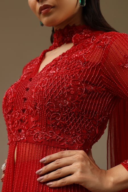 Shop Saisha Maroon Net, Georgette Cut Work, Sequins, Floral Short Anarkali Sharara Set Online at Aza Fashions Shop_Saisha_Maroon Net, Georgette Cut Work, Sequins, Floral Short Anarkali Sharara Set _Online_at_Aza_Fashions