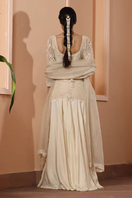 Shop Saisha Ivory Net, Silk Sequins, Beads, Checkered Embellished Kurta Sharara Set at Aza Fashions Shop_Saisha_Ivory Net, Silk Sequins, Beads, Checkered Embellished Kurta Sharara Set _at_Aza_Fashions