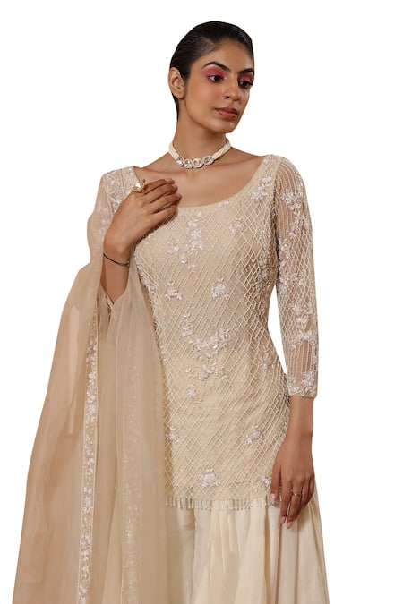 Buy Saisha Ivory Net, Silk Sequins, Beads, Checkered Embellished Kurta Sharara Set Online at Aza Fashions Buy_Saisha_Ivory Net, Silk Sequins, Beads, Checkered Embellished Kurta Sharara Set _Online_at_Aza_Fashions