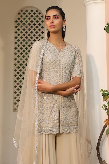 Saisha_Ivory Net, Georgette Sequins, Embroidery Split Scallop Peplum Kurta Sharara Set _Online_at_Aza_Fashions