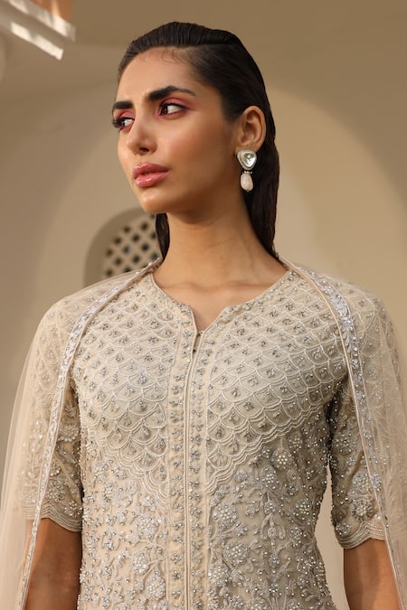 Buy_Saisha_Ivory Net, Georgette Sequins, Embroidery Split Scallop Peplum Kurta Sharara Set _Online_at_Aza_Fashions