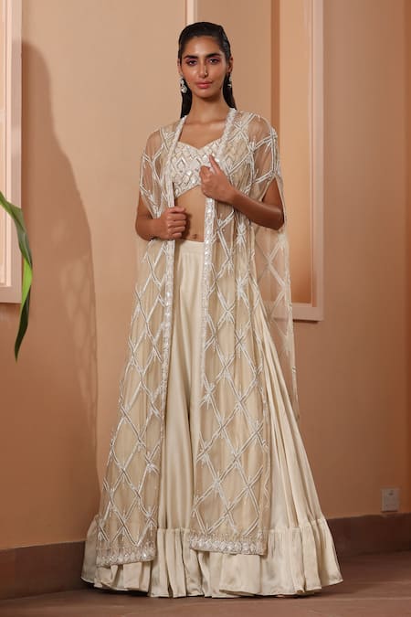 SAISHA Ivory Organza Embroidery Sequin Jacket Open Checkered Lehenga Set 