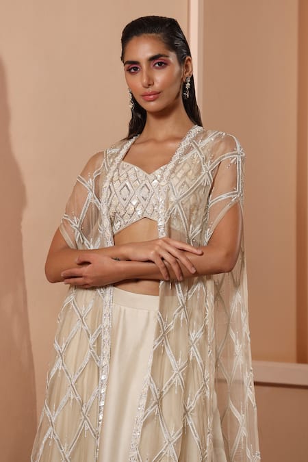 Saisha Ivory Satin, Organza Sequins, Cut Work Checkered Embroidered Jacket Lehenga Set Online at Aza Fashions Saisha_Ivory Satin, Organza Sequins, Cut Work Checkered Embroidered Jacket Lehenga Set _Online_at_Aza_Fashions