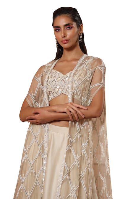 Buy Saisha Ivory Satin, Organza Sequins, Cut Work Checkered Embroidered Jacket Lehenga Set Online at Aza Fashions Buy_Saisha_Ivory Satin, Organza Sequins, Cut Work Checkered Embroidered Jacket Lehenga Set _Online_at_Aza_Fashions