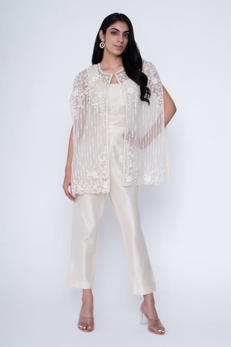 SAISHA Ivory Organza Embroidery Thread Round Floral Stripe Cape Pant Set 